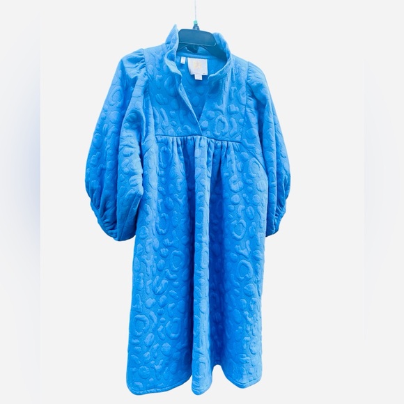 Emily McCarthy Stella dress Marine cheetah Puff Sleeve Blue Large - Picture 6 of 7